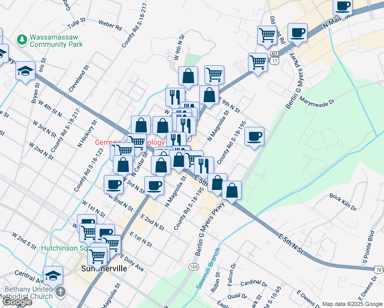 map of restaurants, bars, coffee shops, grocery stores, and more near 611 North Main Street in Summerville