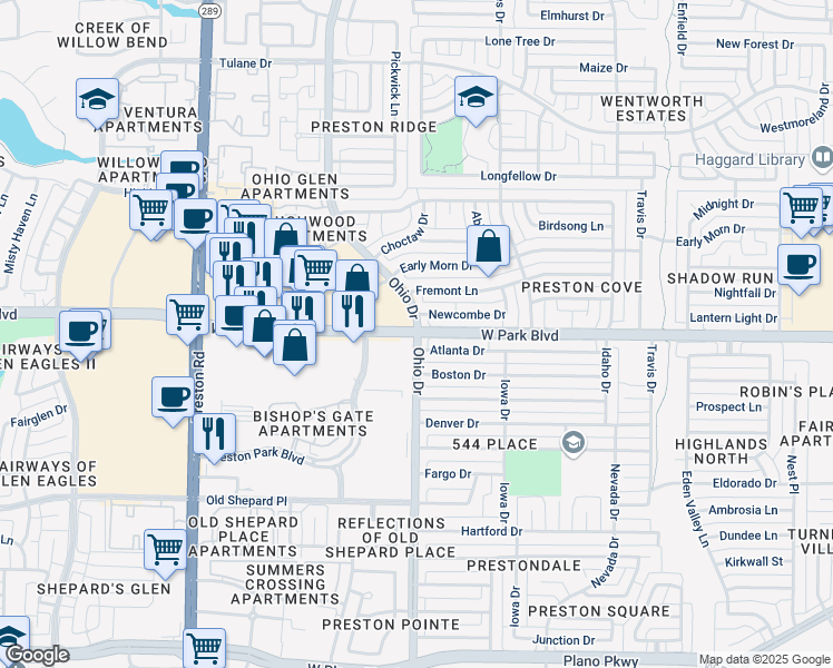 map of restaurants, bars, coffee shops, grocery stores, and more near Ohio Dr & W Park Blvd in Plano