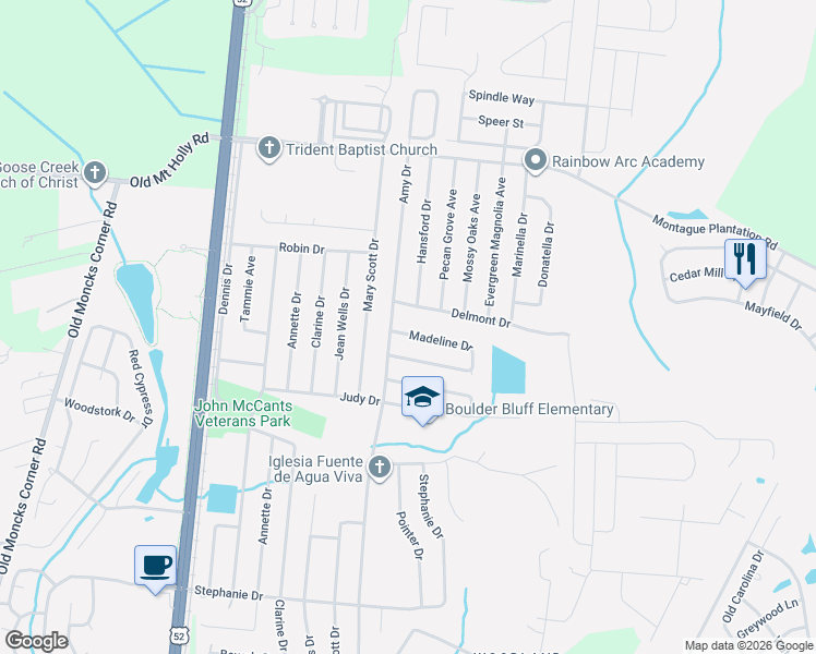 map of restaurants, bars, coffee shops, grocery stores, and more near 411 Madeline Drive in Goose Creek