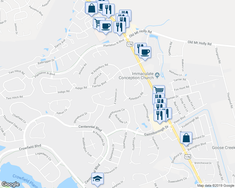 map of restaurants, bars, coffee shops, grocery stores, and more near 134 East Hartwick Lane in Goose Creek
