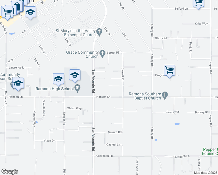 map of restaurants, bars, coffee shops, grocery stores, and more near 1170 Campbell Way in Ramona