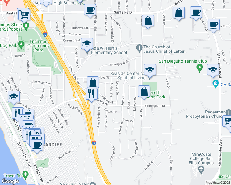 map of restaurants, bars, coffee shops, grocery stores, and more near 1702 Legaye Drive in Encinitas