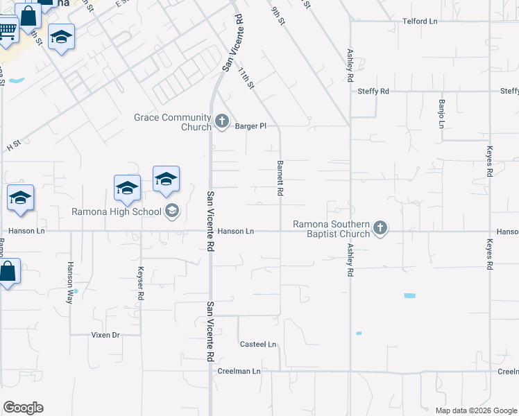 map of restaurants, bars, coffee shops, grocery stores, and more near 1150 Campbell Way in Ramona