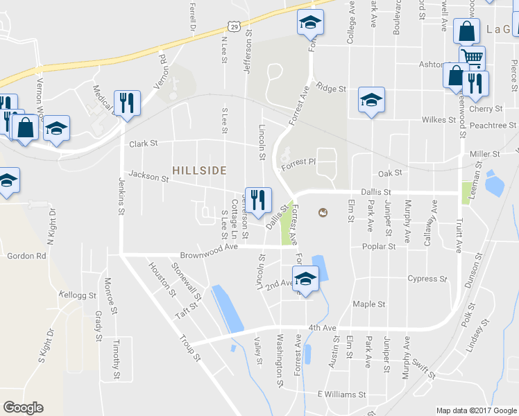 map of restaurants, bars, coffee shops, grocery stores, and more near 604 Lincoln Street in LaGrange