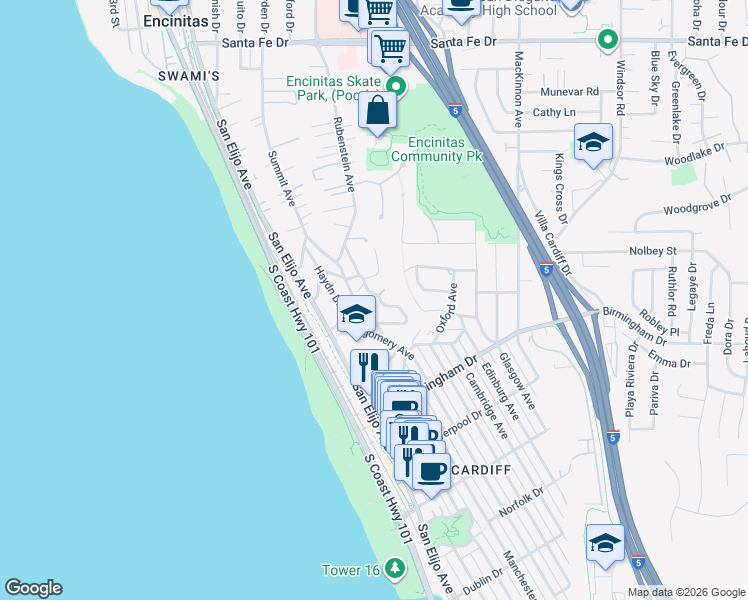 map of restaurants, bars, coffee shops, grocery stores, and more near 1752 Rubenstein Drive in Encinitas