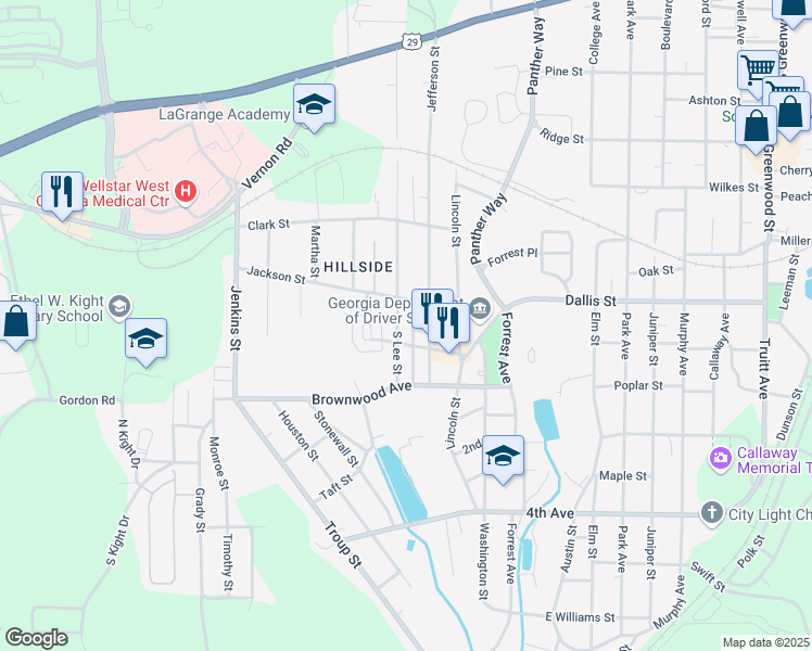 map of restaurants, bars, coffee shops, grocery stores, and more near 609 South Lee Street in LaGrange