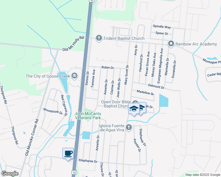 map of restaurants, bars, coffee shops, grocery stores, and more near 421 Clarine Drive in Goose Creek