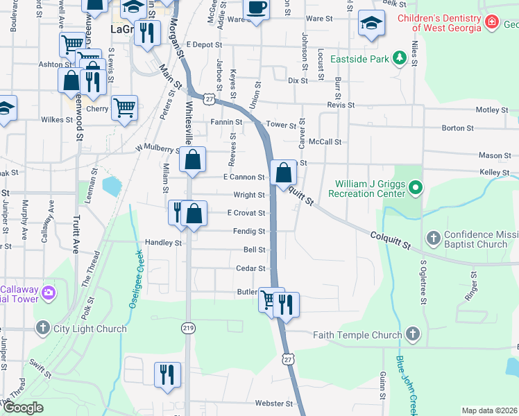 map of restaurants, bars, coffee shops, grocery stores, and more near 219 East Crovat Street in LaGrange