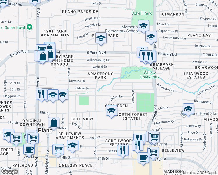 map of restaurants, bars, coffee shops, grocery stores, and more near 1821 Overglen Drive in Plano