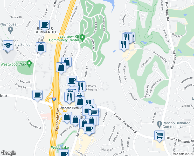 map of restaurants, bars, coffee shops, grocery stores, and more near 12126 Bajada Road in San Diego