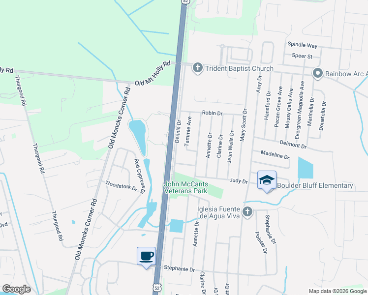 map of restaurants, bars, coffee shops, grocery stores, and more near 407 Tammie Avenue in Goose Creek