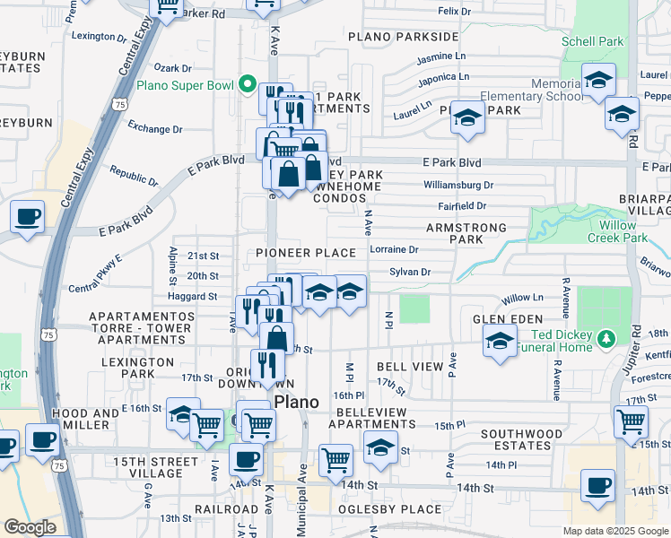 map of restaurants, bars, coffee shops, grocery stores, and more near 1303 Sylvan Drive in Plano