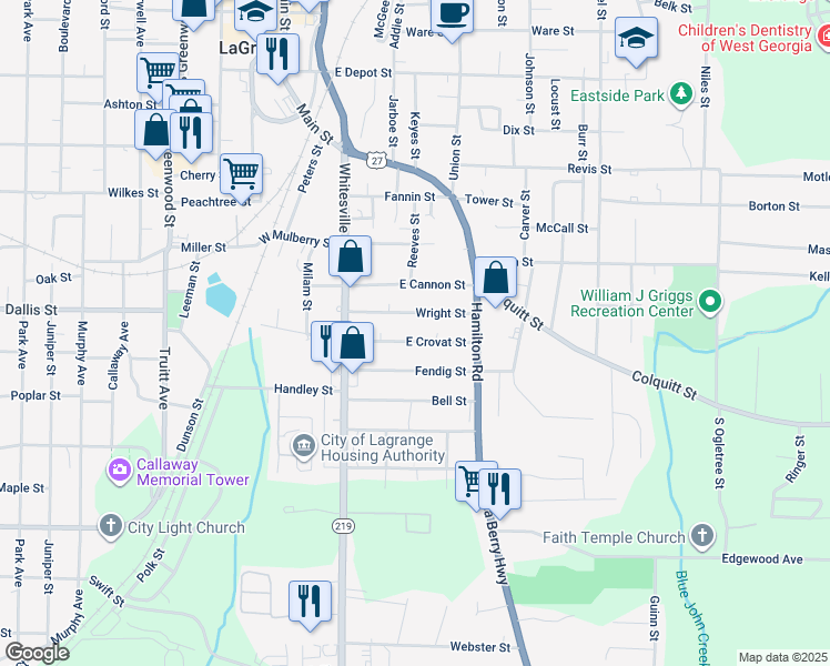 map of restaurants, bars, coffee shops, grocery stores, and more near 201 East Crovat Street in LaGrange