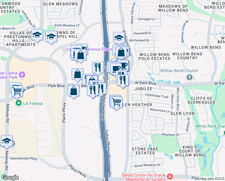 map of restaurants, bars, coffee shops, grocery stores, and more near 1900 Dallas Parkway in Plano