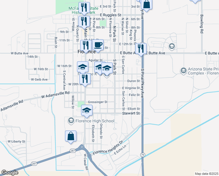 map of restaurants, bars, coffee shops, grocery stores, and more near 325 Virginia Avenue in Florence