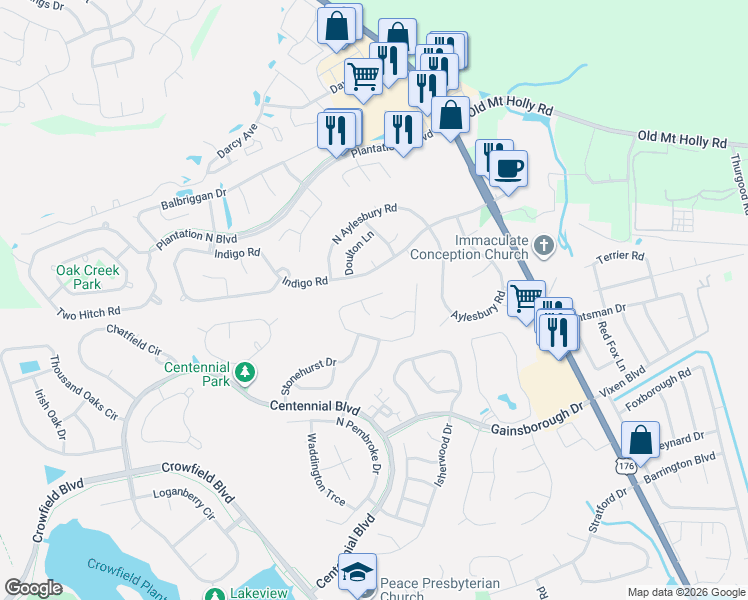 map of restaurants, bars, coffee shops, grocery stores, and more near 120 West Hartwick Lane in Goose Creek
