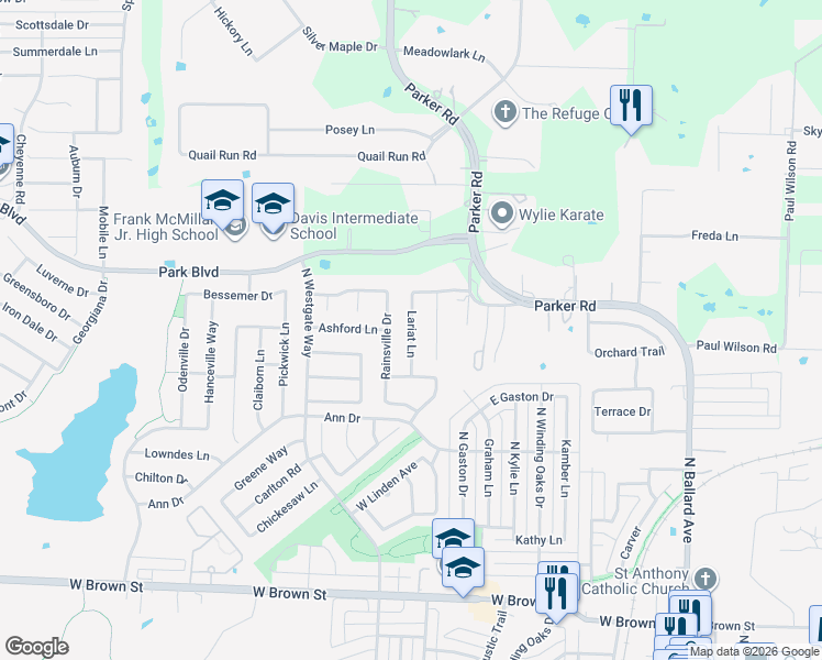 map of restaurants, bars, coffee shops, grocery stores, and more near 712 Lariat Lane in Wylie