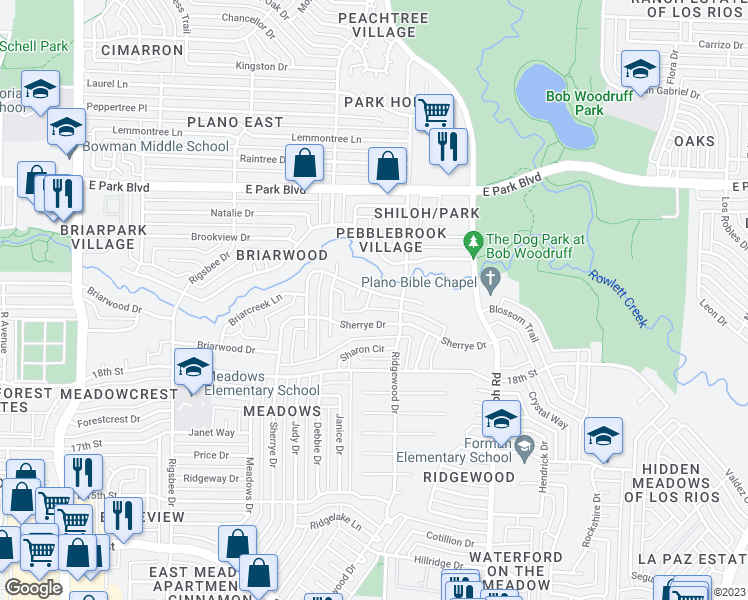 map of restaurants, bars, coffee shops, grocery stores, and more near 3300 Greenbriar Lane in Plano
