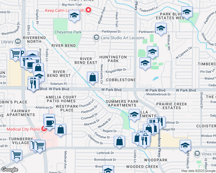 map of restaurants, bars, coffee shops, grocery stores, and more near 2001 Newcastle Circle in Plano