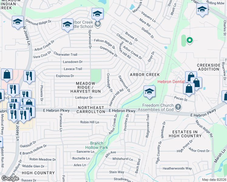 map of restaurants, bars, coffee shops, grocery stores, and more near 4204 Crestedge Drive in Carrollton