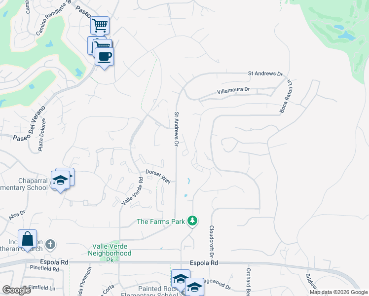 map of restaurants, bars, coffee shops, grocery stores, and more near 17407 Port Marnock Drive in Poway