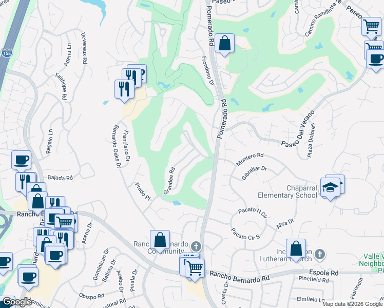 map of restaurants, bars, coffee shops, grocery stores, and more near 12497 Grandee Road in San Diego