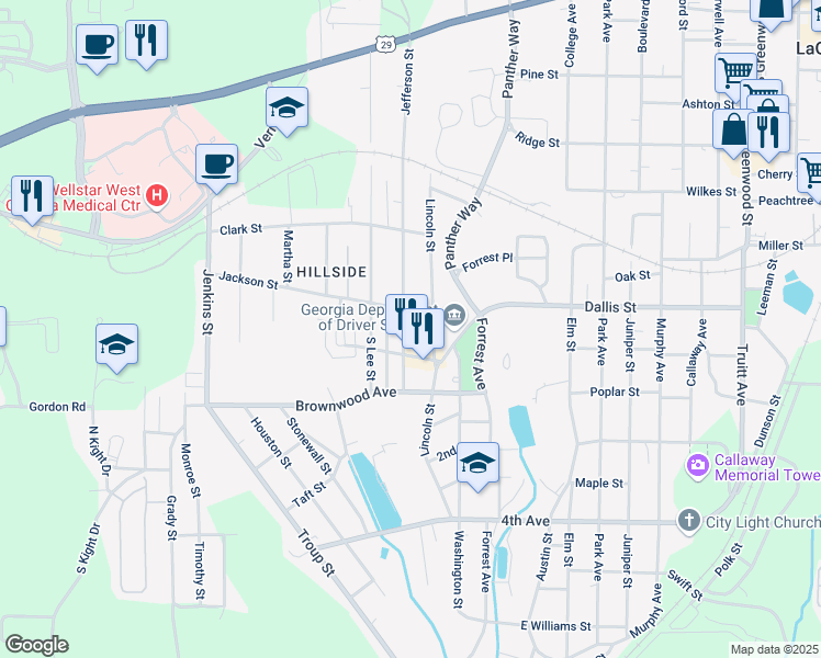 map of restaurants, bars, coffee shops, grocery stores, and more near 604 Lincoln Street in LaGrange