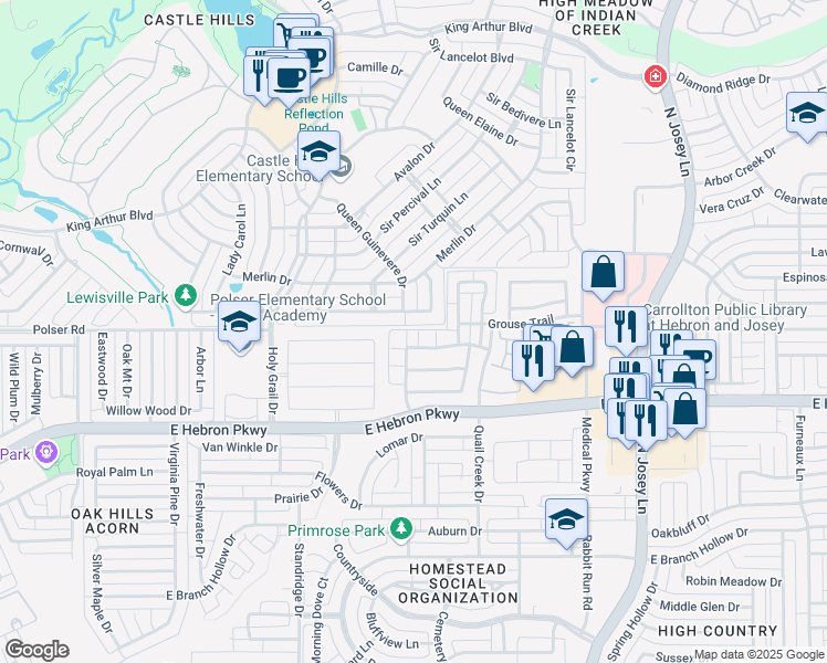 map of restaurants, bars, coffee shops, grocery stores, and more near 1605 Black Duck Terrace in Carrollton