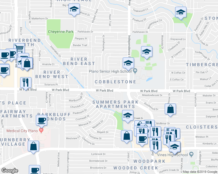 map of restaurants, bars, coffee shops, grocery stores, and more near 3131 West Park Boulevard in Plano