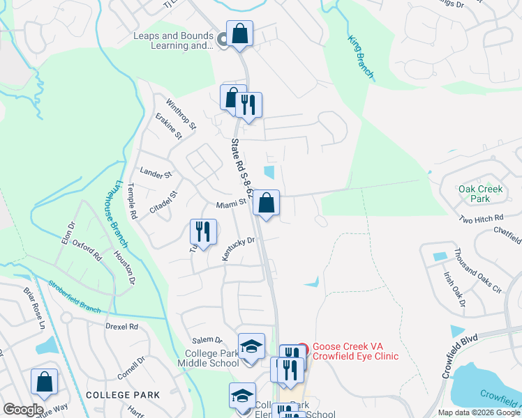 map of restaurants, bars, coffee shops, grocery stores, and more near 842 College Park Road in Ladson