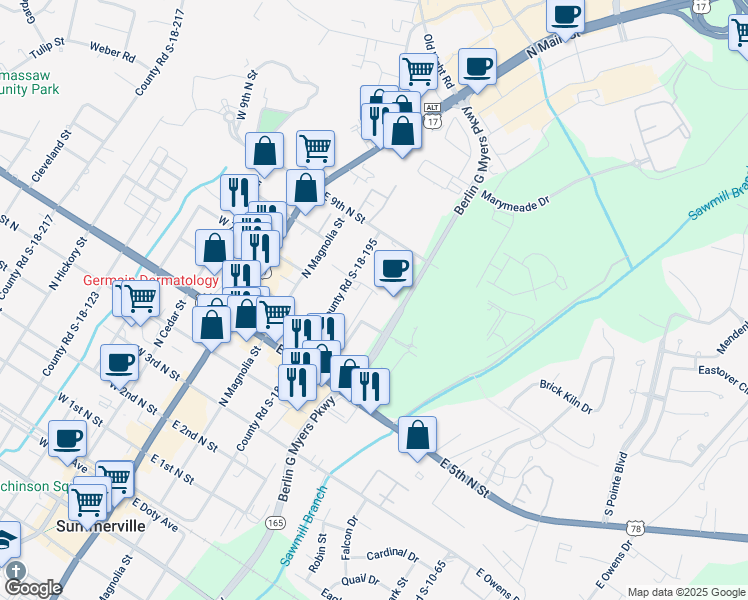 map of restaurants, bars, coffee shops, grocery stores, and more near 200 Grandview Drive in Summerville