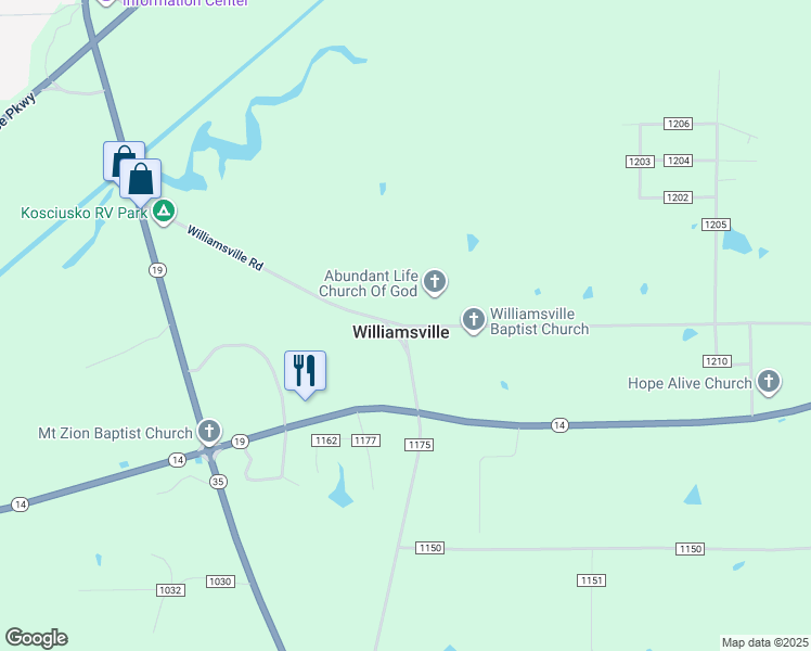 map of restaurants, bars, coffee shops, grocery stores, and more near 17201 Williamsville Road in Kosciusko