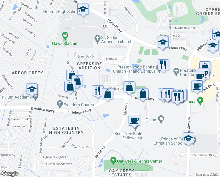 map of restaurants, bars, coffee shops, grocery stores, and more near 2933 Lindale Drive in Carrollton