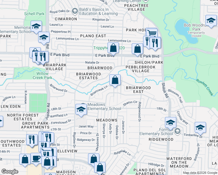 map of restaurants, bars, coffee shops, grocery stores, and more near 2100 Briarcreek Lane in Plano