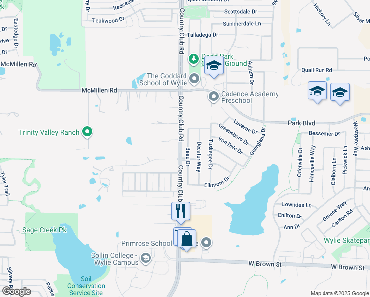 map of restaurants, bars, coffee shops, grocery stores, and more near 705 Beau Drive in Wylie