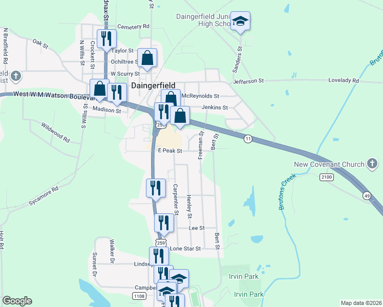 map of restaurants, bars, coffee shops, grocery stores, and more near 302 East Peak Street in Daingerfield