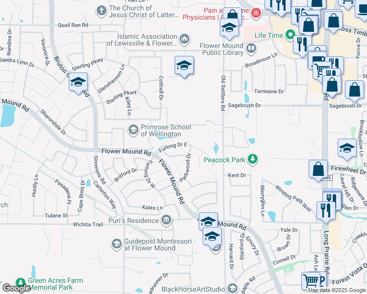 map of restaurants, bars, coffee shops, grocery stores, and more near 3417 Furlong Drive East in Flower Mound