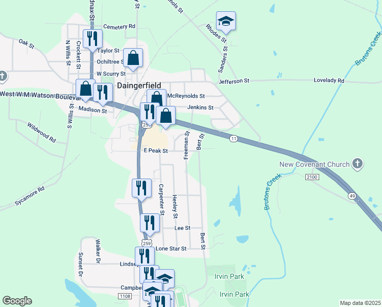 map of restaurants, bars, coffee shops, grocery stores, and more near 404 East Peak Street in Daingerfield
