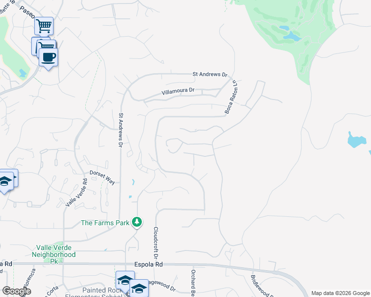 map of restaurants, bars, coffee shops, grocery stores, and more near 13635 Overland Pass Road in Poway
