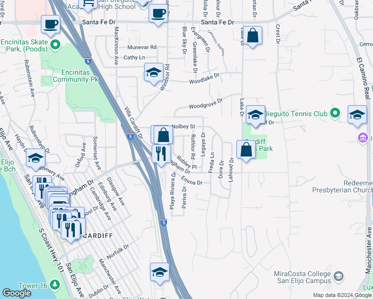 map of restaurants, bars, coffee shops, grocery stores, and more near 1637 Edilee Drive in Encinitas