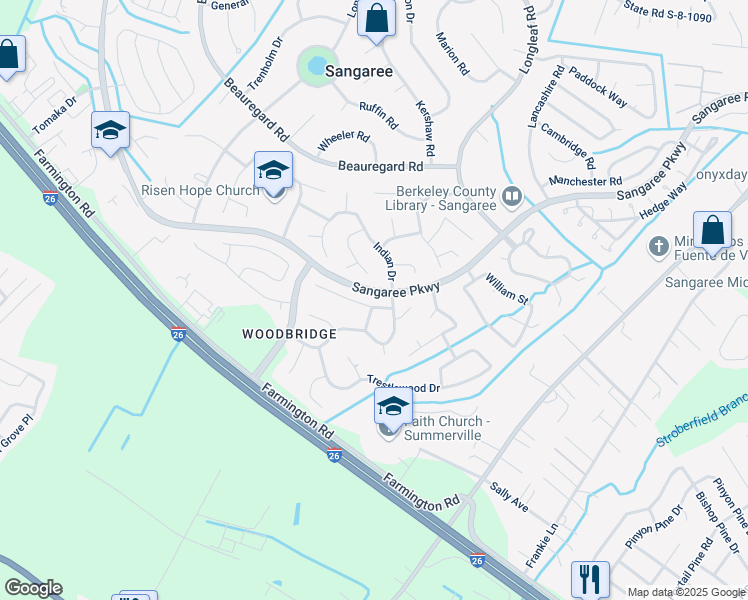 map of restaurants, bars, coffee shops, grocery stores, and more near 100 Cantilever Court in Summerville