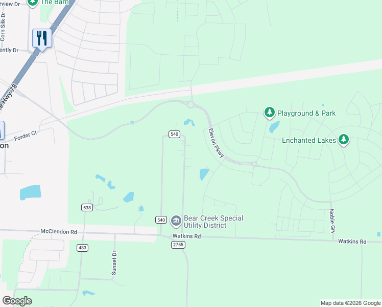 map of restaurants, bars, coffee shops, grocery stores, and more near 10113 County Road 540 in Lavon