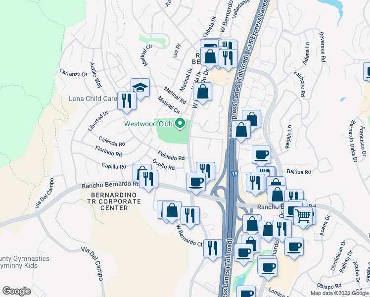 map of restaurants, bars, coffee shops, grocery stores, and more near 17181 Botero Drive in San Diego