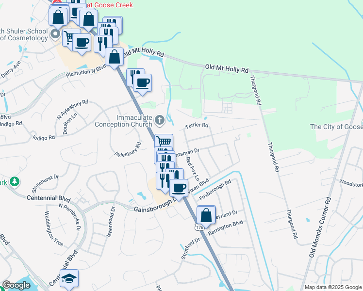 map of restaurants, bars, coffee shops, grocery stores, and more near 412 Fox Hunt Road in Goose Creek