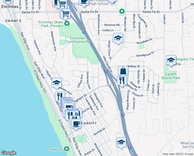 map of restaurants, bars, coffee shops, grocery stores, and more near 1804 Mackinnon Avenue in Encinitas