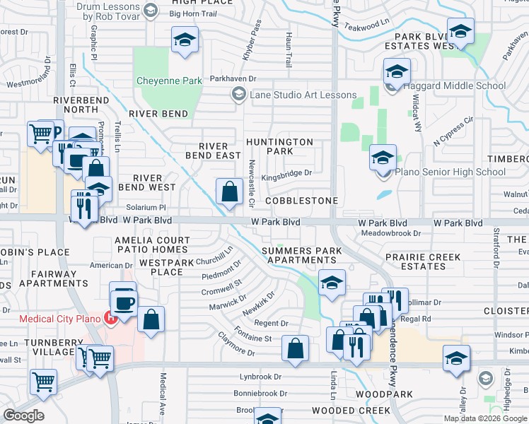 map of restaurants, bars, coffee shops, grocery stores, and more near 2001 Newcastle Circle in Plano