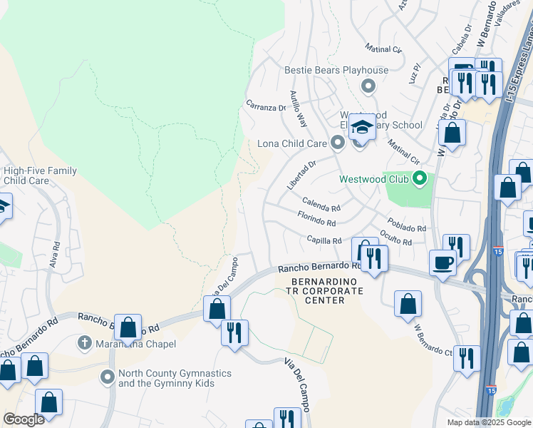 map of restaurants, bars, coffee shops, grocery stores, and more near 17115 Matinal Road in San Diego