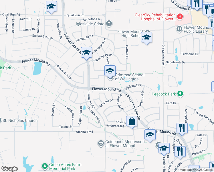map of restaurants, bars, coffee shops, grocery stores, and more near 3004 Reid Drive in Flower Mound