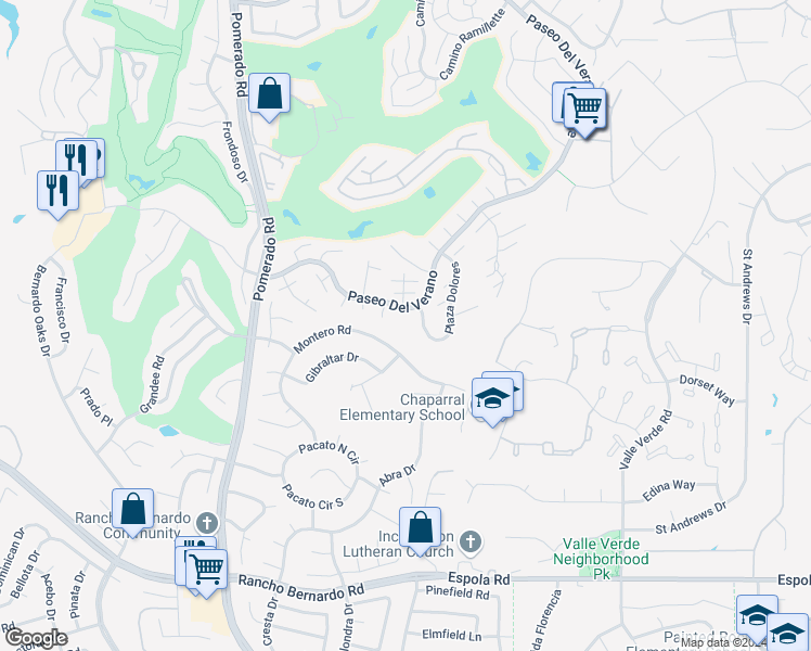 map of restaurants, bars, coffee shops, grocery stores, and more near 17313 Plaza Maria in San Diego