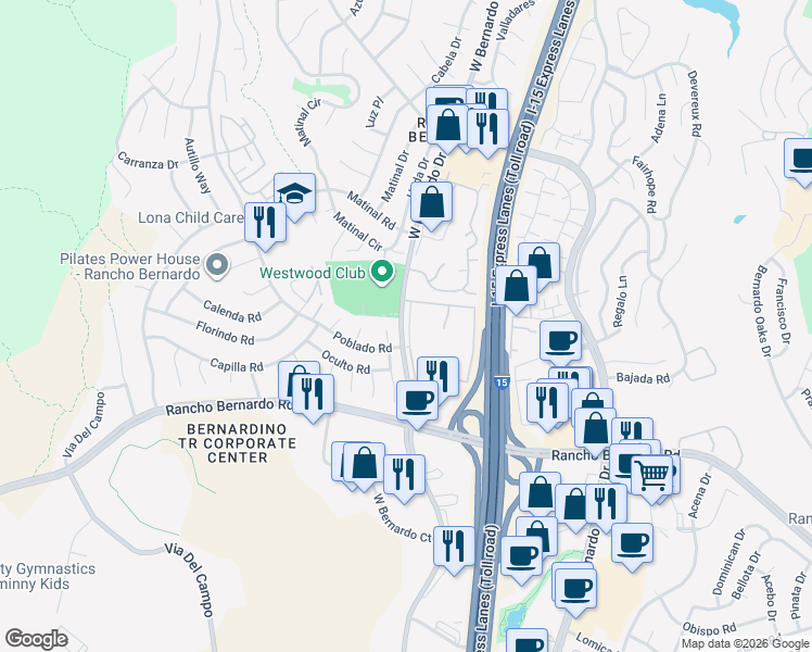 map of restaurants, bars, coffee shops, grocery stores, and more near 17181 Botero Drive in San Diego